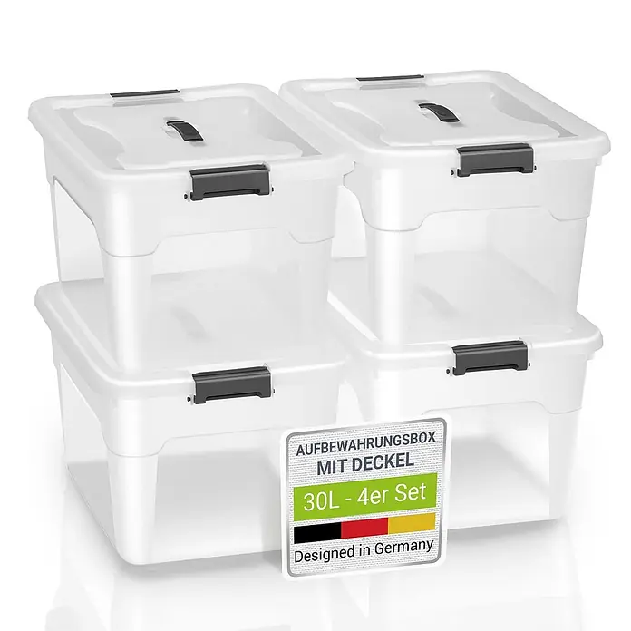 Juskys Aufbewahrungsbox-Set Aufbewahrungsbox - L x B x H: 45 x 33 x 26 cm, Kunststoff, Weiß, 4 Stk. - Set aus vier 30L transparenten Kunststoff-Aufbewahrungsboxen mit weißen Deckeln und schwarzen Verschlüssen, gestapelt.