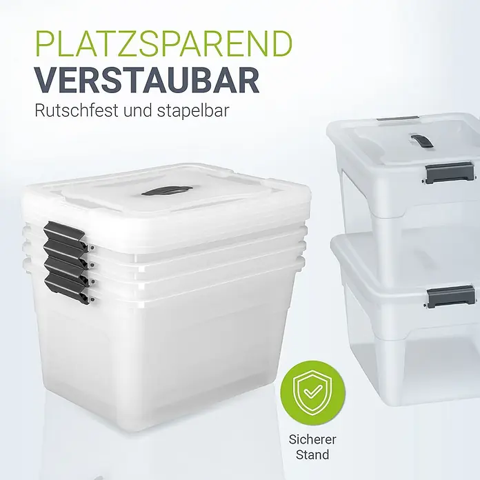Juskys Aufbewahrungsbox-Set Aufbewahrungsbox - L x B x H: 45 x 33 x 26 cm, Kunststoff, Weiß, 4 Stk. - Klare, stapelbare Plastik-Aufbewahrungsboxen mit dunklen Verschlüssen.