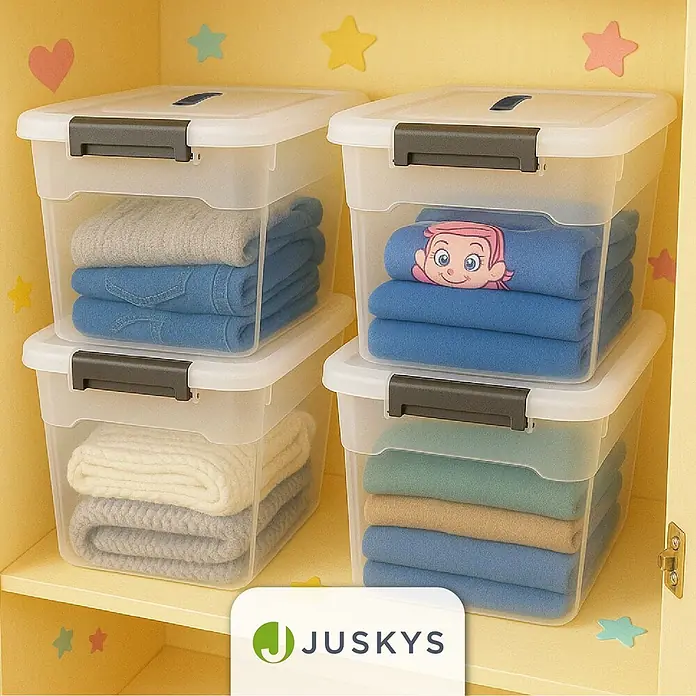 Juskys Aufbewahrungsbox-Set Aufbewahrungsbox - L x B x H: 45 x 33 x 26 cm, Kunststoff, Weiß, 4 Stk. - Transparente Kunststoff-Aufbewahrungsboxen mit weißen Deckeln und dunkelgrauen Verschlüssen, gefüllt mit Kleidung in einem gelben Schrank.