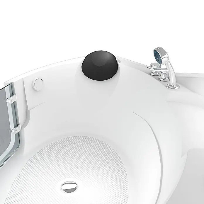 AcquaVapore Badewanne Fertigdusche S60-EH - 140 x 140 cm, Acryl, Weiß - Weiße begehbare Badewanne mit schwarzer Kopfstütze, verchromter Handbrause und rutschfestem Boden.
