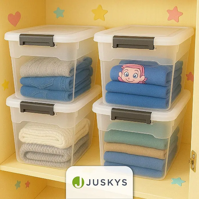 Juskys Aufbewahrungsbox-Set Aufbewahrungsbox - L x B x H: 58 x 43 x 34 cm, Kunststoff, Weiß, 4 Stk. - Durchsichtige Plastik-Aufbewahrungsboxen mit dunklen Verschlüssen, gefüllt mit gefalteter Kleidung, auf einem gelben Regal gestapelt.