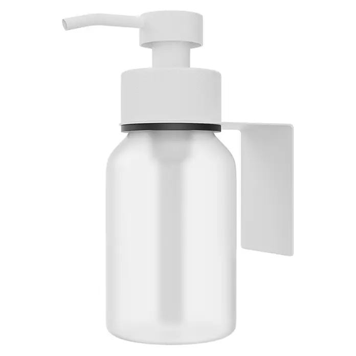 Camargue Antwerpen Seifenspender - Edelstahl, Weiß, Für die Wand - Mattweiße Pumpspenderflasche mit schwarzem Band und kleinem Seitenetikett.