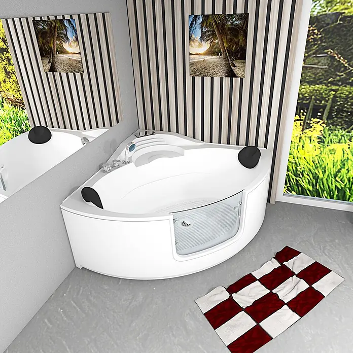 AcquaVapore Badewanne Fertigdusche S60-EH - 140 x 140 cm, Acryl, Weiß - Weiße Eckbadewanne mit schwarzen Kopfstützen und Duschabtrennung in einem modernen Badezimmer.