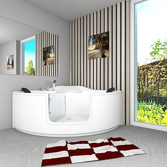 AcquaVapore Badewanne Fertigdusche S60-EH - 140 x 140 cm, Acryl, Weiß - Weiße begehbare Badewanne mit klarer Glastür und integrierter Dusche in einem modernen Badezimmer.