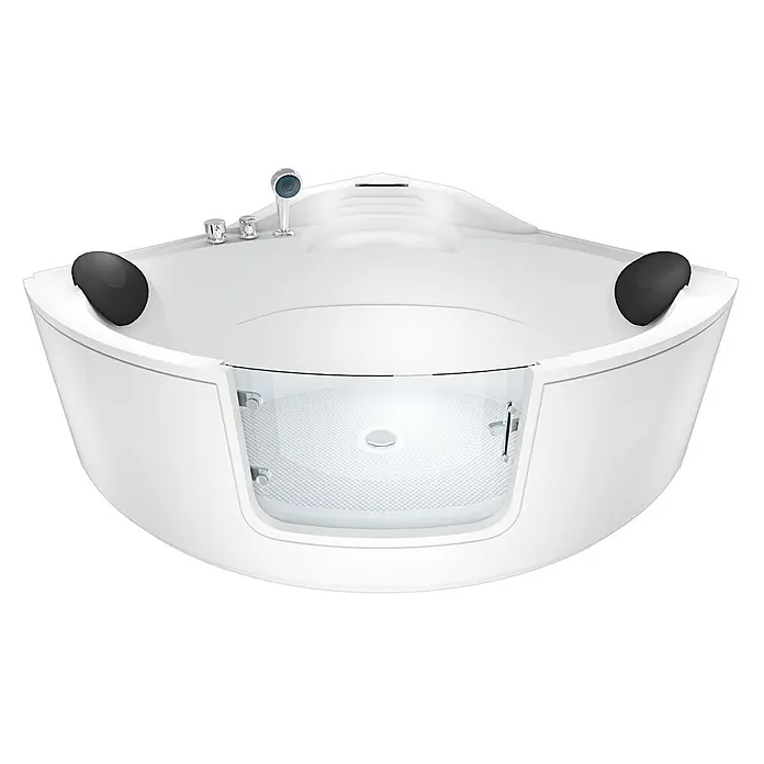 AcquaVapore Badewanne Fertigdusche S60-EH - 140 x 140 cm, Acryl, Weiß - Weiße Eckbadewanne mit integriertem Duschbereich, schwarzen Kopfstützen und Chromarmaturen.