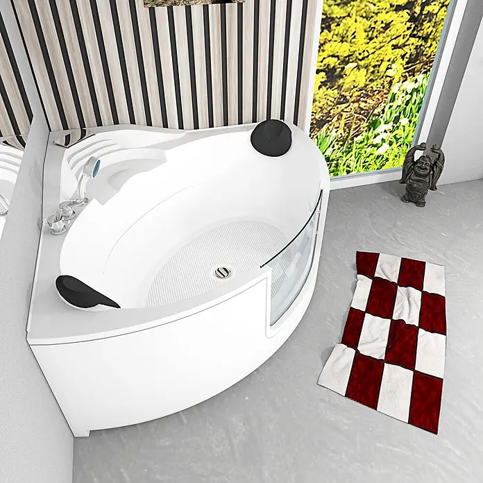 AcquaVapore Badewanne Fertigdusche S60-EH - 140 x 140 cm, Acryl, Weiß - Weiße Eckbadewanne mit schwarzen Kopfstützen, Dusche und Glasabtrennung in modernem Badezimmer.