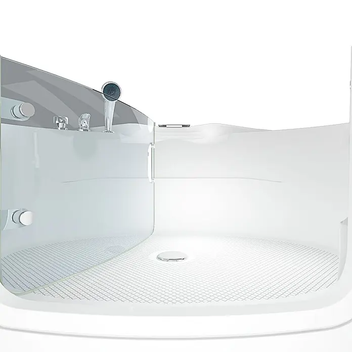 AcquaVapore Badewanne Fertigdusche S60-EH - 140 x 140 cm, Acryl, Weiß - Moderne Duschkabine mit Chromarmaturen und gemustertem Antirutschboden, teilweise mit Wasser gefüllt.