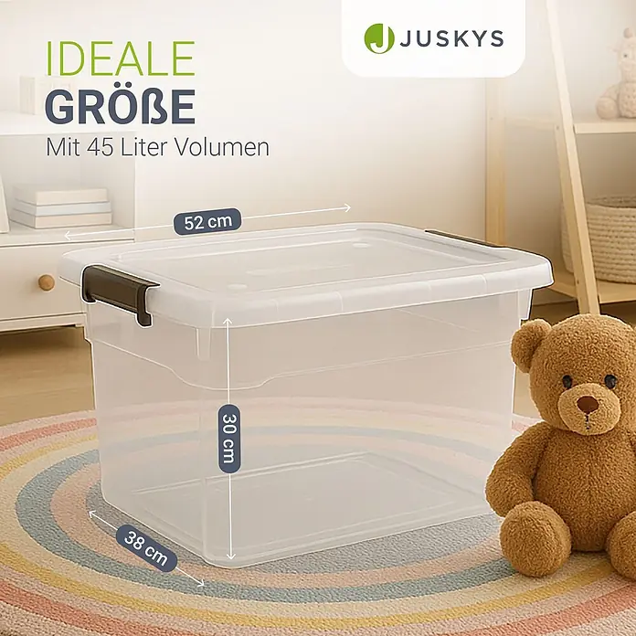 Juskys Aufbewahrungsbox-Set Aufbewahrungsbox - L x B x H: 52 x 38 x 30 cm, Kunststoff, Weiß, 6 Stk. - Transparente 45-Liter-Aufbewahrungsbox mit Deckel und dunklen Verschlüssen, Maße 52x38x30 cm, ideal für Spielzeug oder Haushalt.