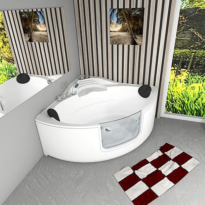 AcquaVapore Badewanne Fertigdusche S60-TH - 140 x 140 cm, Acryl, Weiß - Weiße Eckbadewanne mit integrierter Dusche, schwarzen Kopfstützen, Chromarmaturen und Glasabtrennung in einem modernen Bad.
