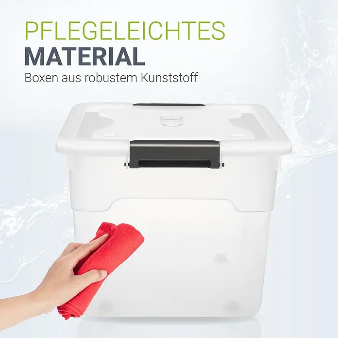 Juskys Aufbewahrungsbox-Set Aufbewahrungsbox - L x B x H: 52 x 38 x 30 cm, Kunststoff, Weiß, 6 Stk. - Weiße, durchscheinende Kunststoff-Aufbewahrungsbox, die mit einem roten Tuch abgewischt wird, was ihr robustes und pflegeleichtes Material hervorhebt.