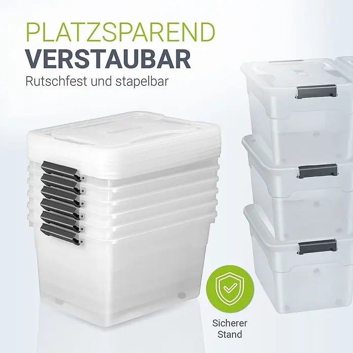 Juskys Aufbewahrungsbox-Set Aufbewahrungsbox - L x B x H: 52 x 38 x 30 cm, Kunststoff, Weiß, 6 Stk. - Transparente Kunststoff-Aufbewahrungsboxen mit dunkelgrauen Clips, platzsparend ineinander und stabil gestapelt dargestellt.