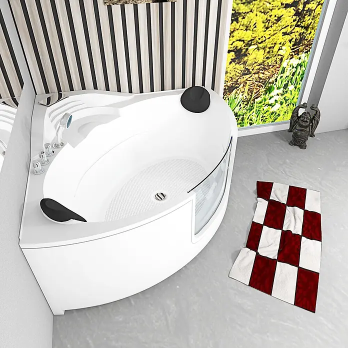 AcquaVapore Badewanne Fertigdusche S60-TH - 140 x 140 cm, Acryl, Weiß - Weiße Eckbadewanne mit schwarzen Kopfstützen, Chromarmaturen und einer Glaswand in einem modernen Badezimmer.