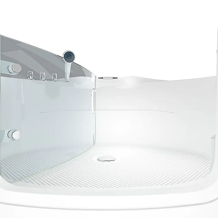 AcquaVapore Badewanne Fertigdusche S60-TH - 140 x 140 cm, Acryl, Weiß - Moderne Eckduschkabine mit klaren Glaspaneelen und weißer, texturierter Duschwanne, Duschkopf und Bedienelementen.