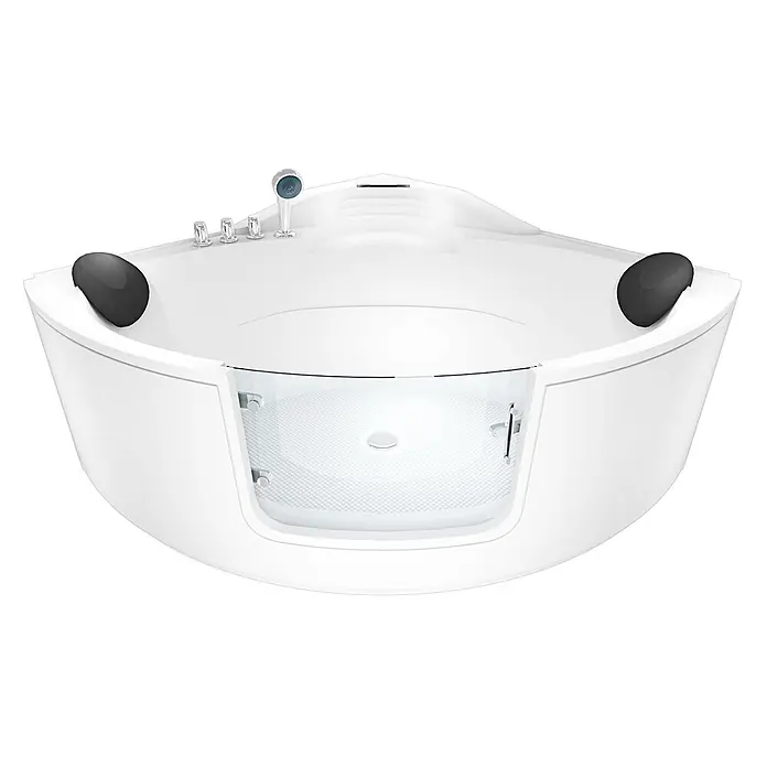 AcquaVapore Badewanne Fertigdusche S60-TH - 140 x 140 cm, Acryl, Weiß - Weiße Eckbadewanne mit integrierter Dusche, Chromarmaturen und schwarzen Kopfstützen. Sie hat eine transparente Glastrennwand und einen strukturierten rutschfesten Boden.