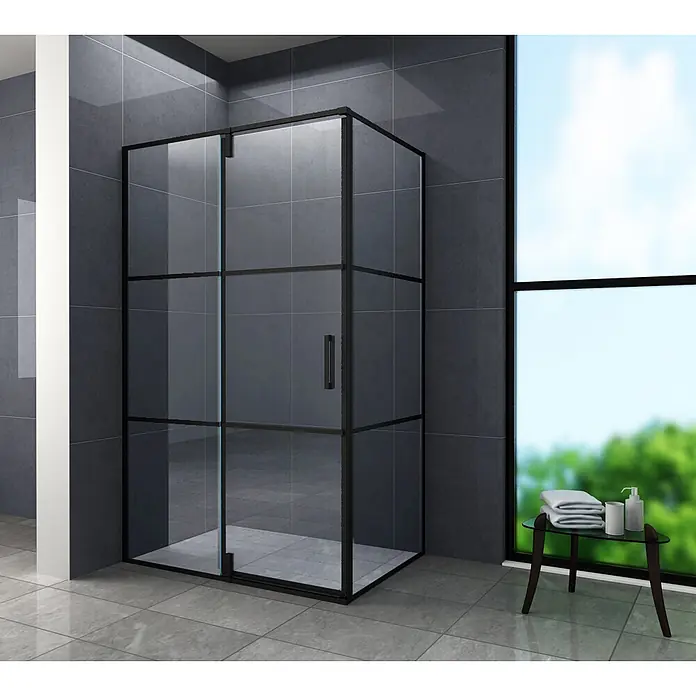 Glasdeals Eckdusche FABRICO 120 x 90 x 195 cm - 90 x 120 x 195 cm, Beschichtet, Chrom, Stärke: 8 mm - Schwarz gerahmte Glasduschkabine in einem modernen Badezimmer.