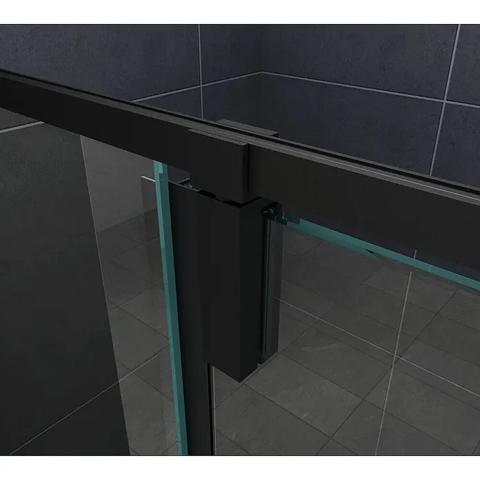 Glasdeals Eckdusche FABRICO 120 x 90 x 195 cm - 90 x 120 x 195 cm, Beschichtet, Chrom, Stärke: 8 mm - Moderne schwarze Duschabtrennung mit Klarglas und sichtbarer oberer Schiebevorrichtung in einem dunkel gefliesten Bad.