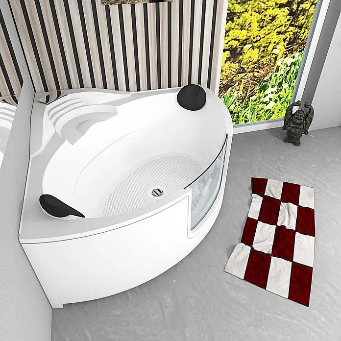 AcquaVapore Badewanne Fertigdusche S60 - 140 x 140 cm, Acryl, Weiß - Weiße Eckbadewanne mit schwarzen Kopfstützen und einer klaren Glaswand.