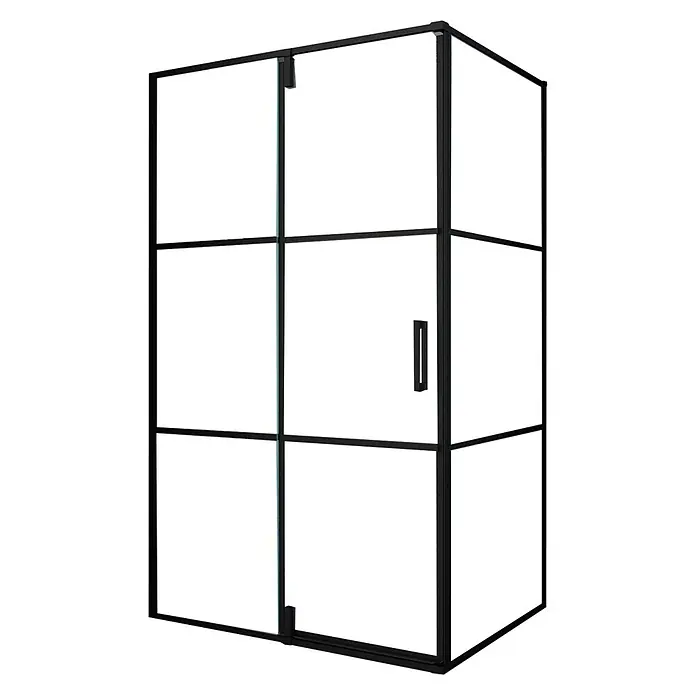 Glasdeals Eckdusche FABRICO 120 x 90 x 195 cm - 90 x 120 x 195 cm, Beschichtet, Chrom, Stärke: 8 mm - Schwarze Duschkabine mit Gitterrahmen, Klarglas und Griff.