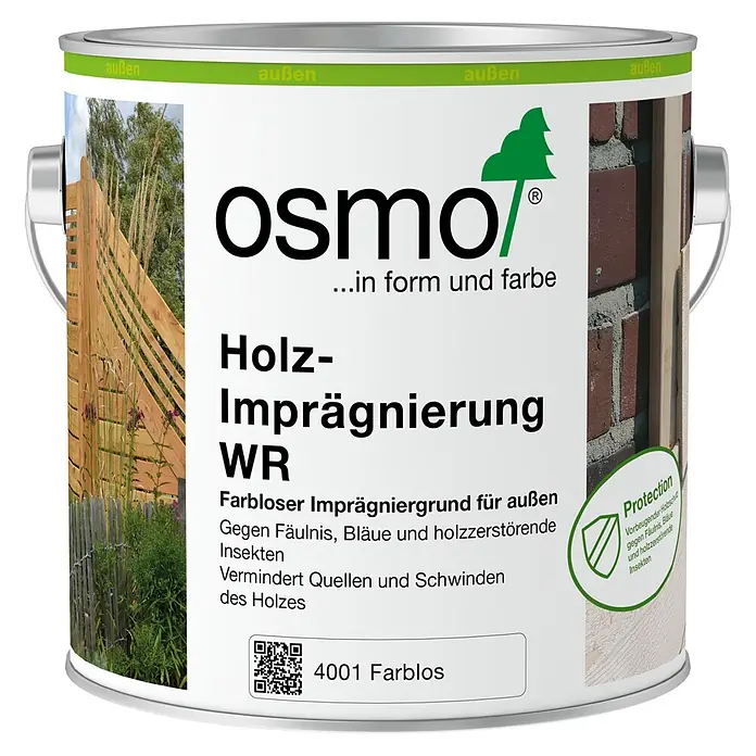 Osmo Holz-Imprägnierung WR - 2,5 l, Farblos - Silberne Dose mit weiß-grünem Etikett, "Osmo Holz-Imprägnierung WR" für farblosen Holzschutz außen.