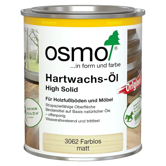 Osmo High Solid Hartwachsöl Original 3062 - Farblos, 750 ml, Matt - Osmo Hartwachs-Öl High Solid, farblos matt, in einer silbernen Dose für Holzfußböden und Möbel.