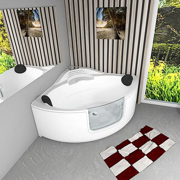 AcquaVapore Badewanne Fertigdusche S60 - 140 x 140 cm, Acryl, Weiß - Weiße Eckbadewanne mit integrierter Dusche und schwarzen Kopfstützen.