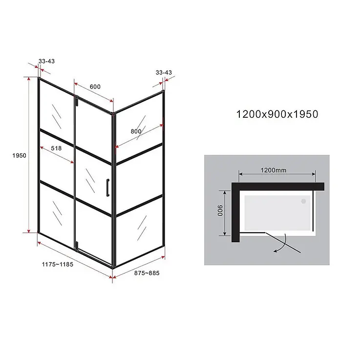 Glasdeals Eckdusche FABRICO 120 x 90 x 195 cm - 90 x 120 x 195 cm, Beschichtet, Chrom, Stärke: 8 mm - Schwarze gerahmte Eckduschkabine aus Glas mit Pendeltür, 1200x900x1950 mm.