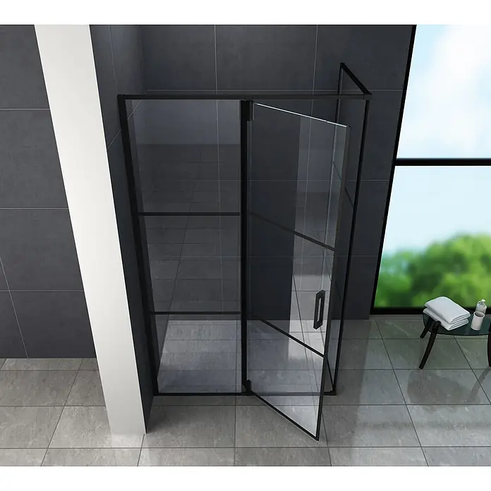 Glasdeals Eckdusche FABRICO 120 x 90 x 195 cm - 90 x 120 x 195 cm, Beschichtet, Chrom, Stärke: 8 mm - Schwarze Glasduschkabine mit offener Tür in einem modernen Badezimmer.