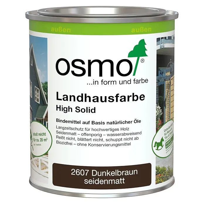 Osmo High Solid Landhausfarbe - Dunkelbraun, 750 ml, Seidenmatt - Osmo Landhausfarbe High Solid, Farbton 2607 Dunkelbraun seidenmatt.