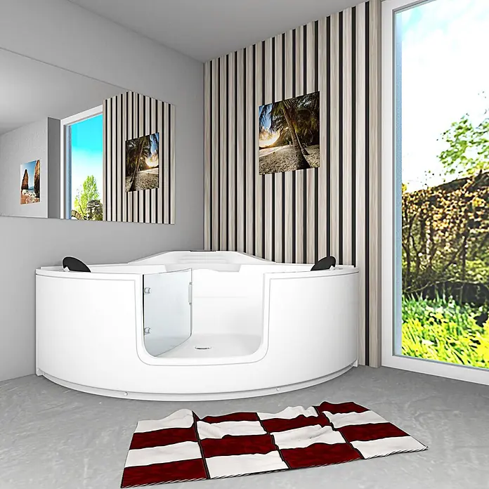 AcquaVapore Badewanne Fertigdusche S60 - 140 x 140 cm, Acryl, Weiß - Weiße barrierefreie Badewanne mit Glastür in einem modernen Badezimmer.