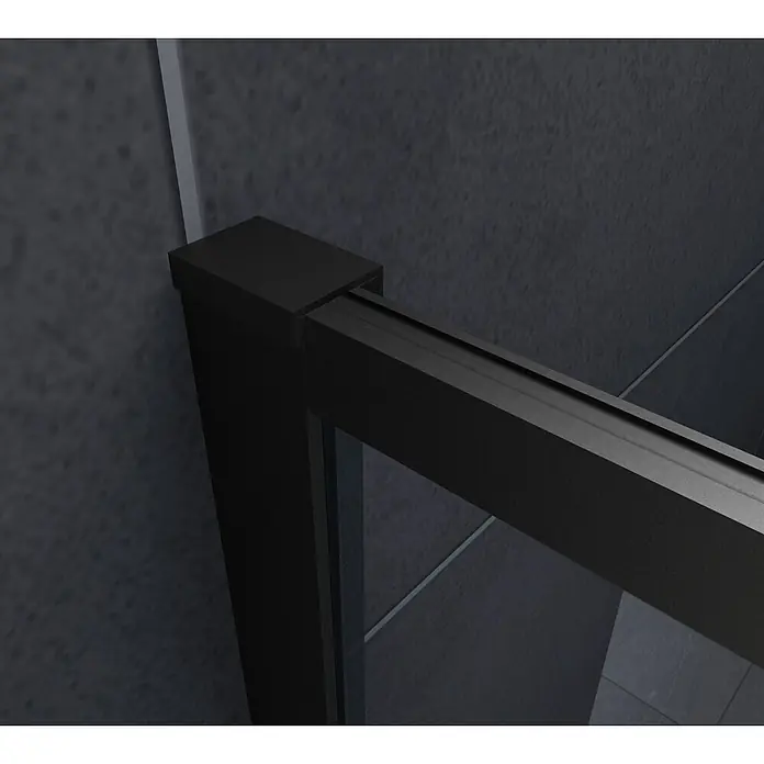Glasdeals Eckdusche FABRICO 120 x 90 x 195 cm - 90 x 120 x 195 cm, Beschichtet, Chrom, Stärke: 8 mm - Eckverbindung eines mattschwarzen Duschkabinenrahmens an einer dunklen Fliesenwand.
