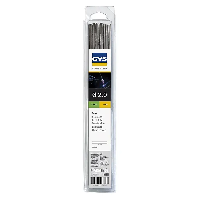 Gys WIG-Schweißstab Edelstahl 316L - Durchmesser: 2 mm, 40 Stk. - GYS 316L Edelstahl-Schweißstäbe, Ø 2,0 mm, 40 Stück, in Klarsichtverpackung.