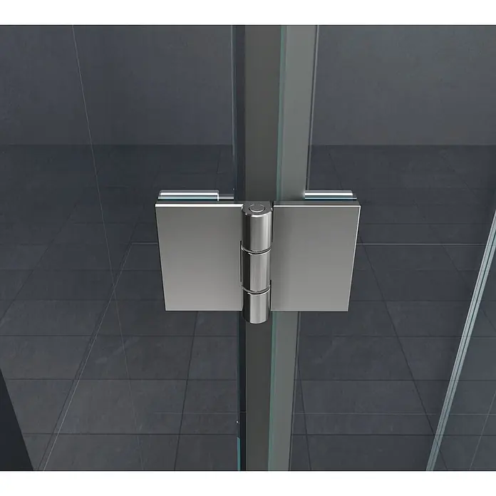 Glasdeals Eckdusche NOVUM 80 x 80 x 180 cm - 80 x 80 x 180 cm, Beschichtet, Chrom, Stärke: 8 mm - Scharnier aus gebürstetem Metall, das zwei klare Glasscheiben einer Duschtür verbindet.