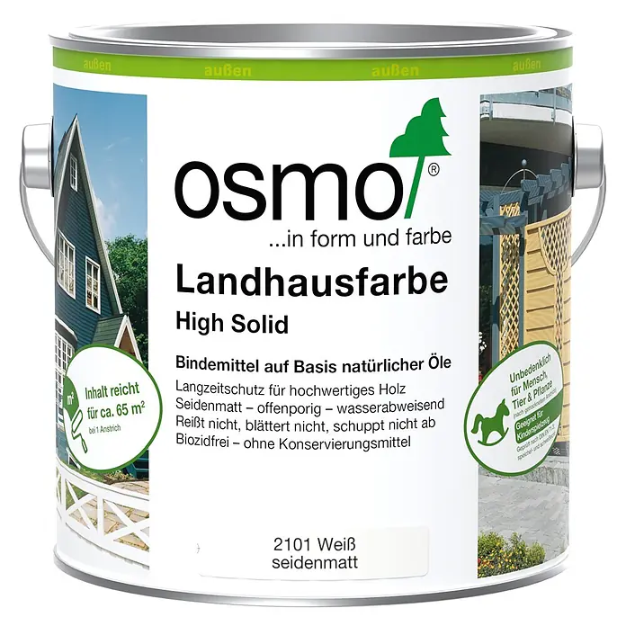 Osmo High Solid Landhausfarbe - Weiß, 2,5 l, Seidenmatt - Dose Osmo Landhausfarbe High Solid Holzfarbe in 2101 Weiß seidenmatt für den Außenbereich.