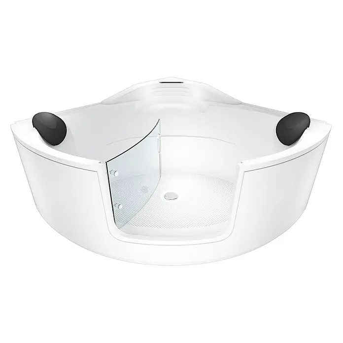AcquaVapore Badewanne Fertigdusche S60 - 140 x 140 cm, Acryl, Weiß - Weiße Eck-Duschwanne/Badewanne mit schwarzen Kopfstützen, integrierten Stufen und Glasabtrennung.