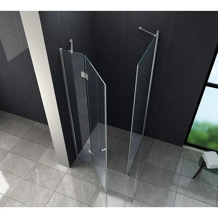 Glasdeals Eckdusche NOVUM 80 x 80 x 180 cm - 80 x 80 x 180 cm, Beschichtet, Chrom, Stärke: 8 mm - Moderne Eck-Duschkabine mit Klarglas und polierten Chrombeschlägen in einem dunkel gefliesten Bad.