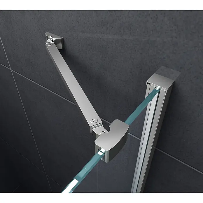 Glasdeals Eckdusche CORNO 90 x 90 x 195 cm - 90 x 90 x 195 cm, Beschichtet, Chrom, Stärke: 8 mm - Silberfarbene Duschkabinen-Stabilisierungsstange sichert eine Glasplatte an einer dunkel gefliesten Wand.