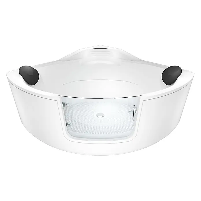 AcquaVapore Badewanne Fertigdusche S60 - 140 x 140 cm, Acryl, Weiß - Weiße Eck-Einstiegswanne mit zwei schwarzen Kopfstützen und transparenter Glastür.