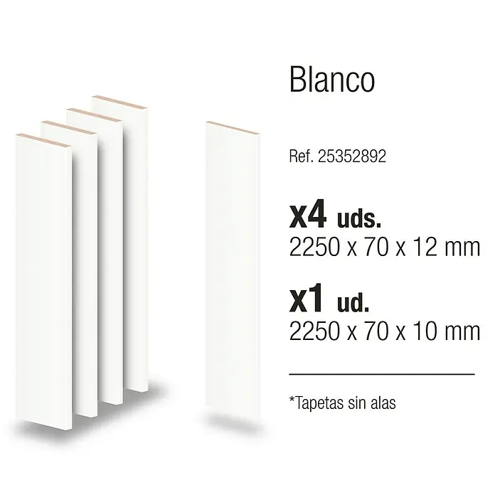 Tapeta Blanca 12/10 - 70 x 2.250 mm, Blanco, 5 ud. - Imagen del producto: Molduras blancas, 4 piezas de 2250 x 70 x 12 mm y 1 pieza de 2250 x 70 x 10 mm.