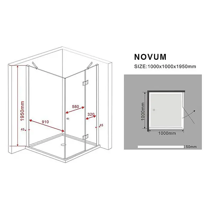 Glasdeals Eckdusche NOVUM 100 x 100 x 195 cm - 100 x 100 x 195 cm, Beschichtet, Chrom, Stärke: 8 mm - Quadratische Glasduschkabine mit Schwingtür, detaillierte Maße 1000x1000x1950mm.