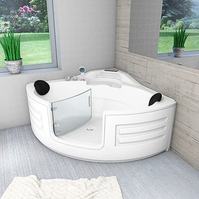 AcquaVapore Badewanne Fertigdusche S70-EH - 150 x 150 cm, Acryl, Weiß - Weiße Eckbadewanne mit Glas-Duschabtrennung, schwarzen Kopfstützen und Chromdüsen.