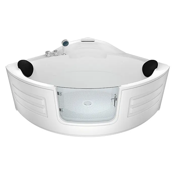 AcquaVapore Badewanne Fertigdusche S70-EH - 150 x 150 cm, Acryl, Weiß - Weiße Eck-Jacuzzi-Badewanne mit schwarzen Kopfstützen, Chromarmaturen und transparenter Glastür.