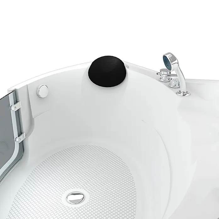 AcquaVapore Badewanne Fertigdusche S70-EH - 150 x 150 cm, Acryl, Weiß - Weißer begehbarer Badewanne mit klarer Tür, Chromarmaturen, schwarzer Kopfstütze und rutschfestem Boden.