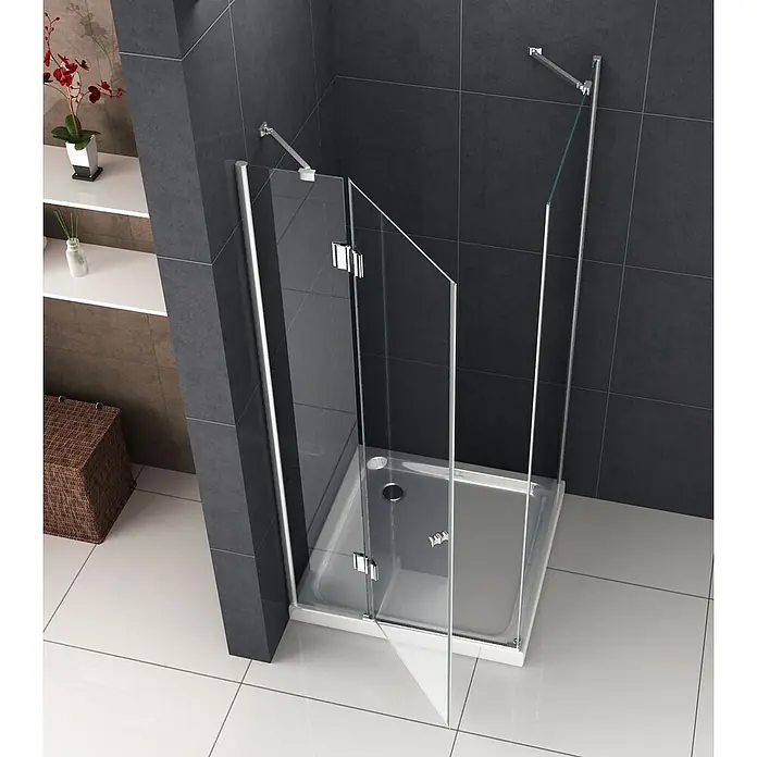 Glasdeals Eckdusche RECREO 90 x 90 x 190 cm - 90 x 90 x 190 cm, Beschichtet, Chrom, Stärke: 6 mm - Eckduschkabine mit klaren Glaspaneelen, Chromscharnieren und einer weißen Duschwanne in einem modern gefliesten Bad.