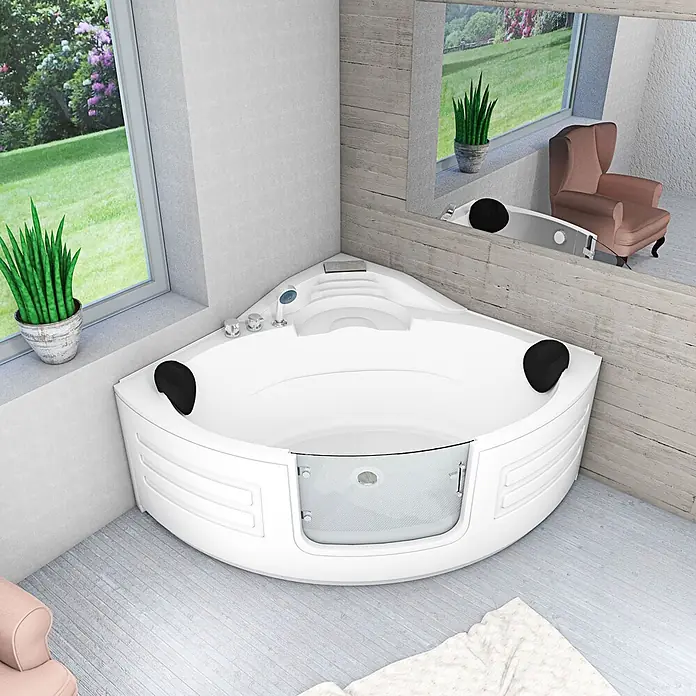AcquaVapore Badewanne Fertigdusche S70-EH - 150 x 150 cm, Acryl, Weiß - Weiße Eck-Einstiegswanne mit schwarzen Kopfstützen und Chromarmaturen.