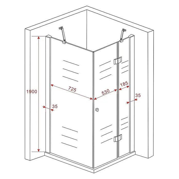 Glasdeals Eckdusche RECREO 80 x 80 x 190 cm - 80 x 80 x 190 cm, Beschichtet, Chrom, Stärke: 6 mm - Eckduschkabine mit Paneelen und Flügeltür, die wichtige Abmessungen zeigt.