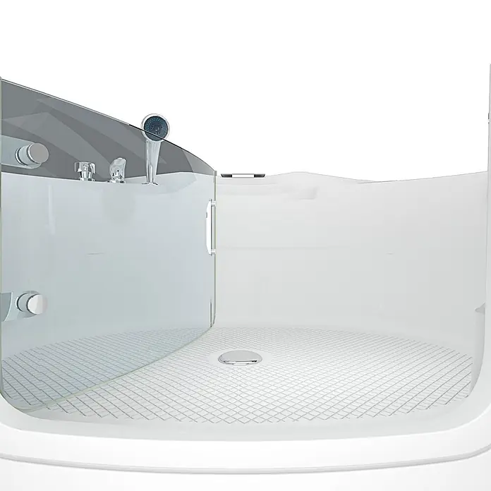 AcquaVapore Badewanne Fertigdusche S70-EH - 150 x 150 cm, Acryl, Weiß - Duschkabinen-Innenraum aus Klarglas mit weißer Basis, rutschfestem Gitterboden und Chromarmaturen sowie Duschkopf.