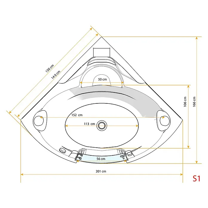 AcquaVapore Badewanne Fertigdusche S70-TH - 150 x 150 cm, Acryl, Weiß - Technische Zeichnung einer Eck-Whirlpool-Badewanne, die ihre unregelmäßige Form und Hauptabmessungen von oben zeigt.