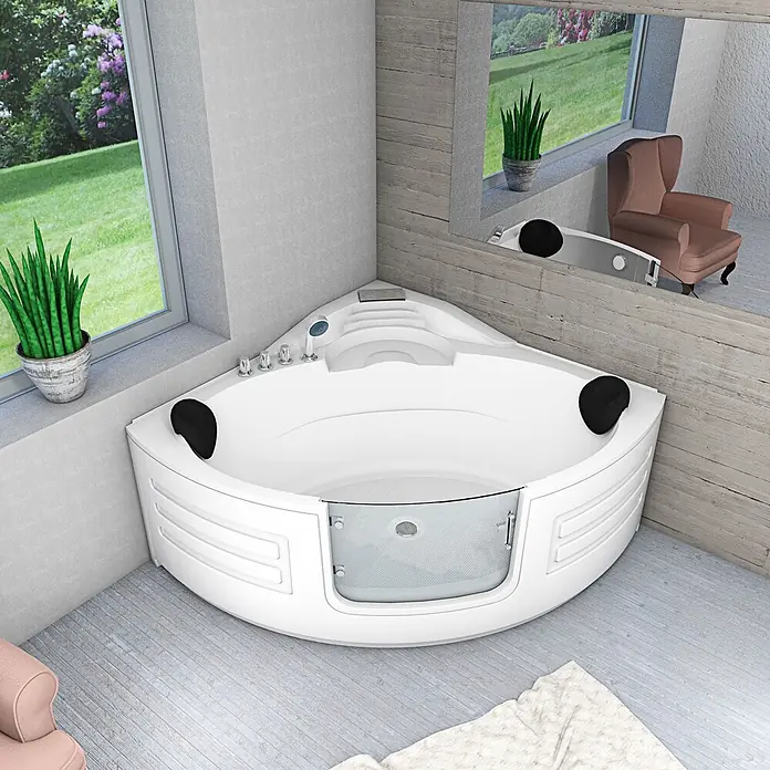 AcquaVapore Badewanne Fertigdusche S70-TH - 150 x 150 cm, Acryl, Weiß - Weisse Eckbadewanne mit integrierter Glastür und schwarzen Kopfstützen in hellem Bad.