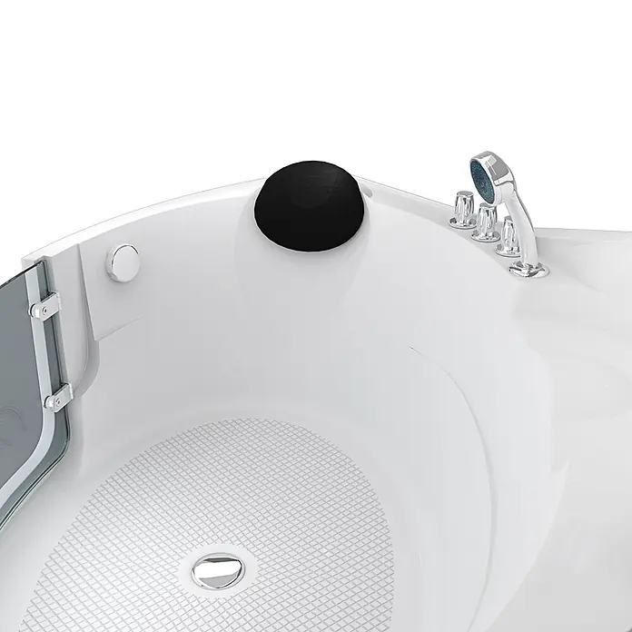 AcquaVapore Badewanne Fertigdusche S70-TH - 150 x 150 cm, Acryl, Weiß - Weiße begehbare Badewanne mit schwarzer Kopfstütze, Chromarmaturen und strukturiertem Boden.
