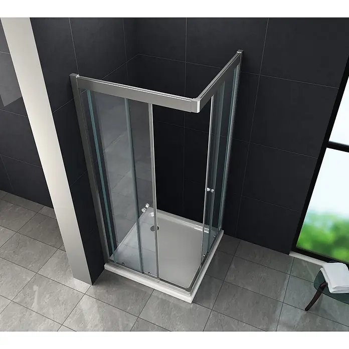 Glasdeals Eckdusche SLIDE 90 x 90 x 195 cm - 90 x 90 x 195 cm, Beschichtet, Chrom, Stärke: 8 mm - Moderne Eckduschkabine mit klaren Glaspaneelen, Chromrahmen und weißer Duschwanne im Badezimmer.